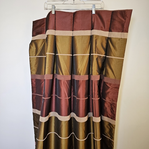 Two custom panels burgundy bronze striped tafetta pleated lined drapes 48x84.5". - Picture 6 of 6